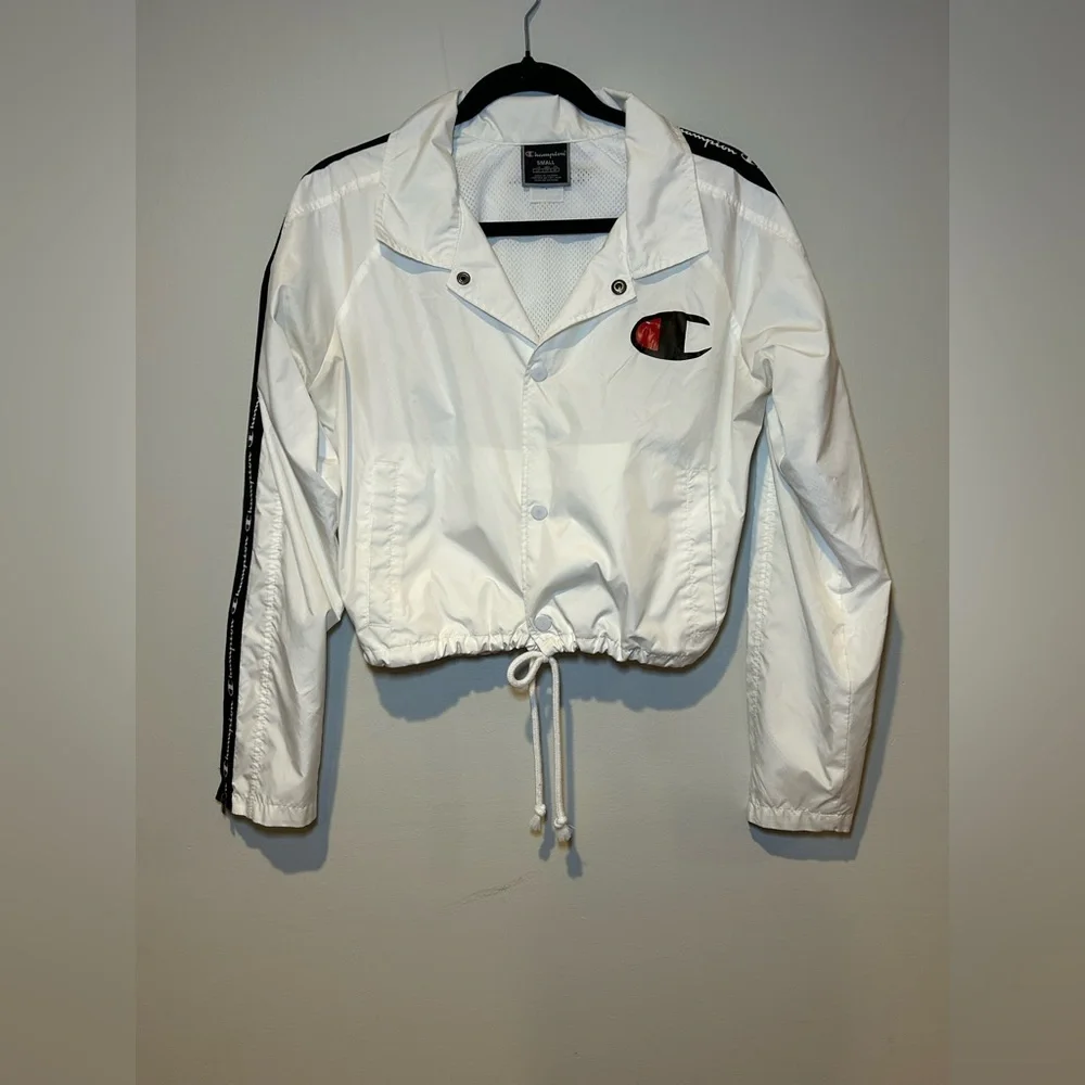 Champion White Windbreaker Jacket Small Womenโs Logo Tape Cropped - Picture 2 of 13